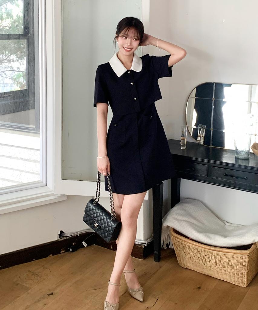Roem Collar 2-In-1 Tweed Mini Dress (Navy) Rmowg25Nt1