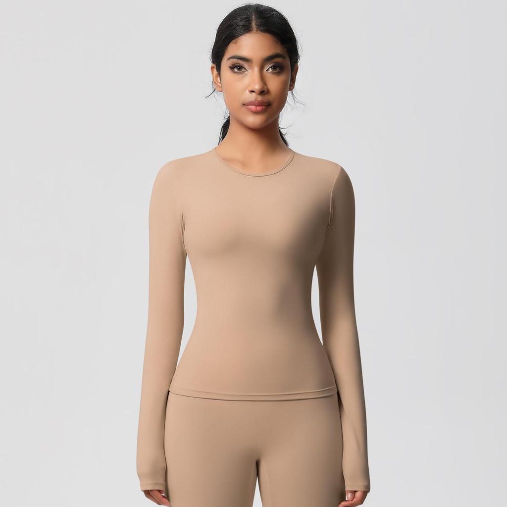 European-American Slim Fit Long Sleeve Yoga Top - Nude, Brushed Feel, Round Neck, High-Intensity Running & Fitness Wear