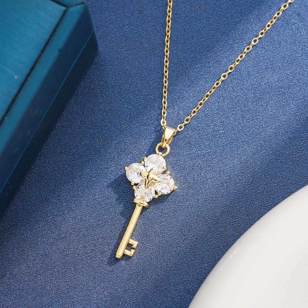 Stainless Steel Waterproof Gold Silver Color Zircon Key Pendant Necklace for Women Fashion Exquisite Clavicle Chain Jewelry