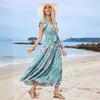 Bohemian Summer Casual Dress Women Floral Print Sleeveless V Neck A Line High Waist Lace Up Beach Vacation Ankle Length Dress
