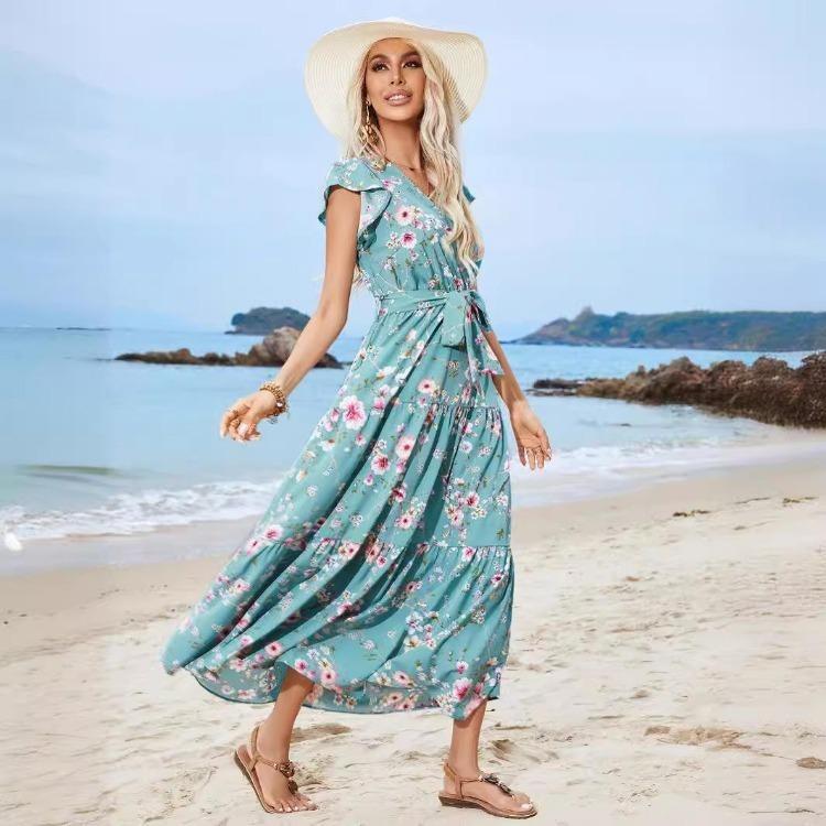 Bohemian Summer Casual Dress Women Floral Print Sleeveless V Neck A Line High Waist Lace Up Beach Vacation Ankle Length Dress
