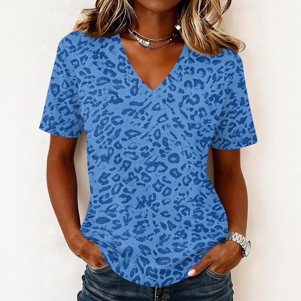 Women's Casual Print Short Sleeve V-Neck Pullover Top