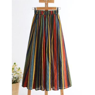 Qooth Spring Summer Women High-waisted Colorful Stripe A-line Skirt Vintage Midi A-line Long Skirt With Big Swing QT1718