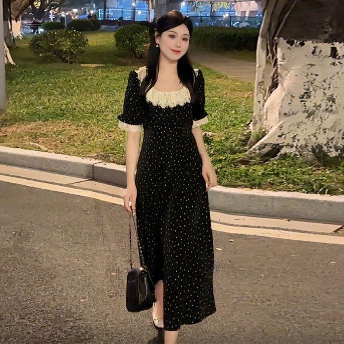Summer 2026 Black Floral Ruffle Midi Dress - Lightweight and Luxurious, Short Sleeve Tea Dress XL