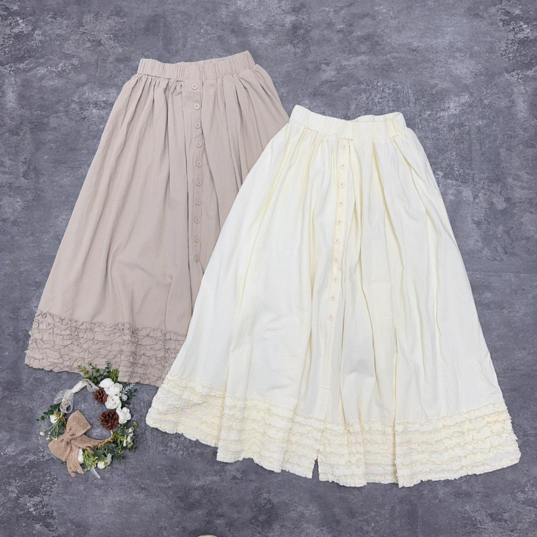 

Johnature Весенняя юбка-грибок с пуговицами, японская юбка Mori с эластичной талией, двойная кружевная строчка, повседневные женские юбки One Size хаки