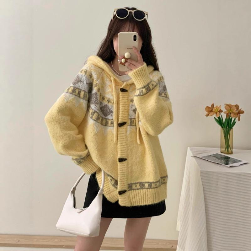 Vintage Fair Island Hooded Knitted Cardigan Women's Autumn and Winter New Versatile Loose Horn Button Sweater Jacket Women