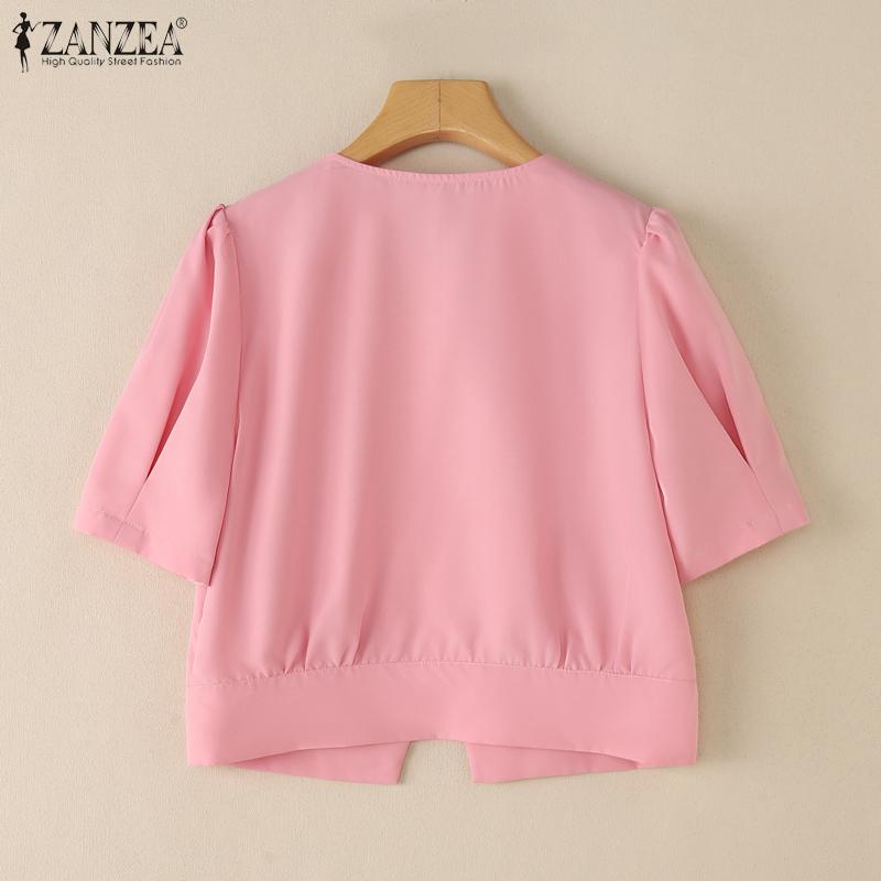 ZANZEA Women Casual V-Neck Solid Color Summer Short Sleeve Blouse