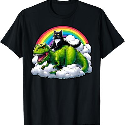 Chat Noir Montant Dinosaure T-Rex Nuages Arc-en-Ciel T-Shirt Drôle