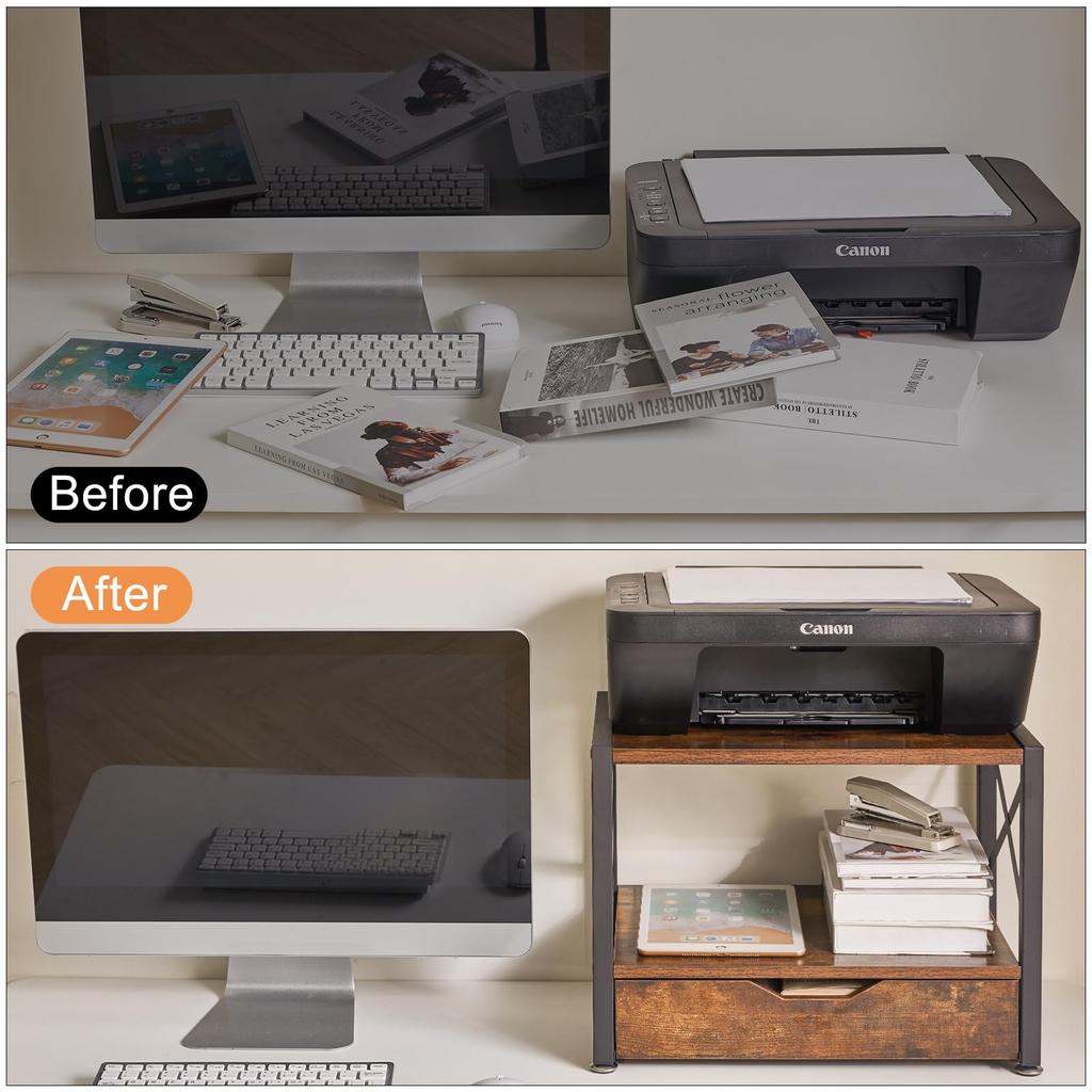 IBUYKE Wooden Printer Desk Storage Rack with Drawer Desktop 44cm X 29cm X 33cm Easy JPTLJ006H 2-Tier Stand, (Bottom Tier), & Under-Desk Storage, (W)