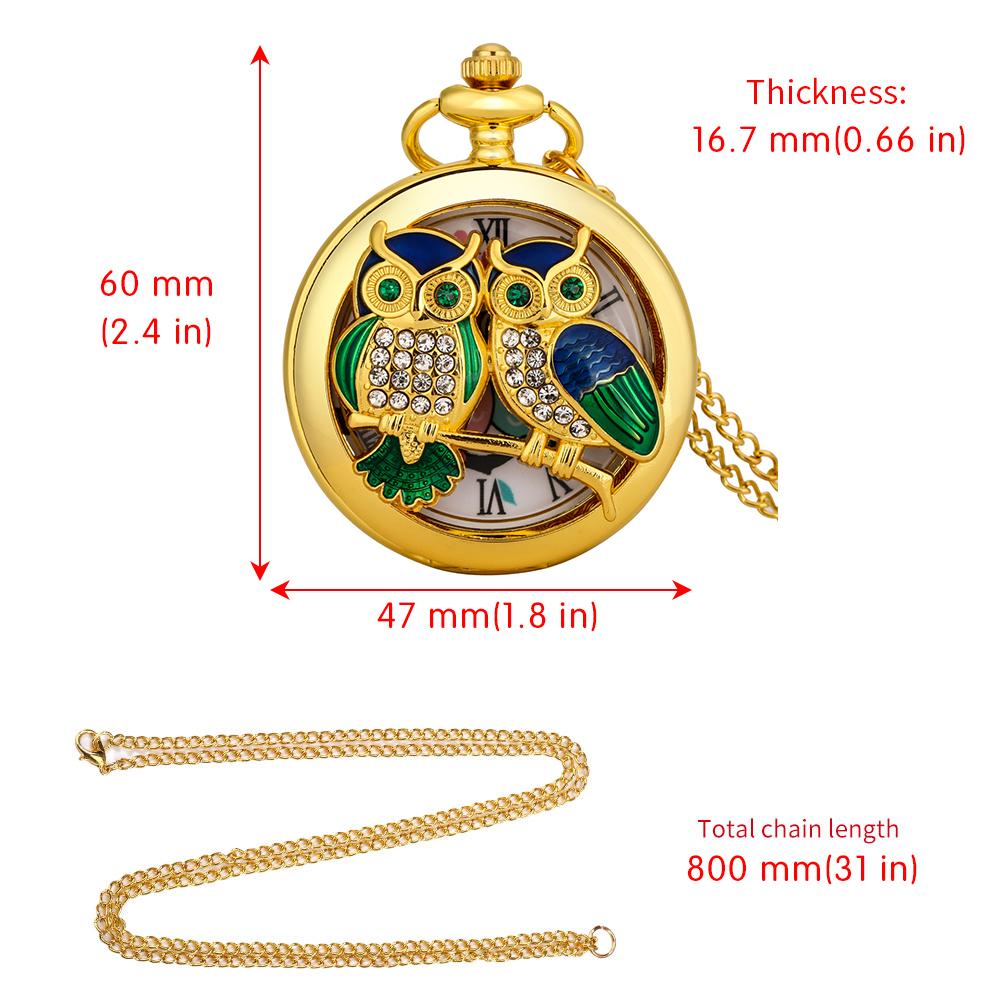 

Charming Diamond-encrusted Luxury Owl Golden Handicraft Artwork Hollow Quartz Pocket Watch Necklace Sweater Pendant Chain Clock