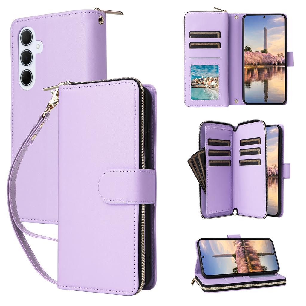 R20 For Samsung Galaxy A35 5G Case PU Leather Zipper Phone Cover with 2 Straps