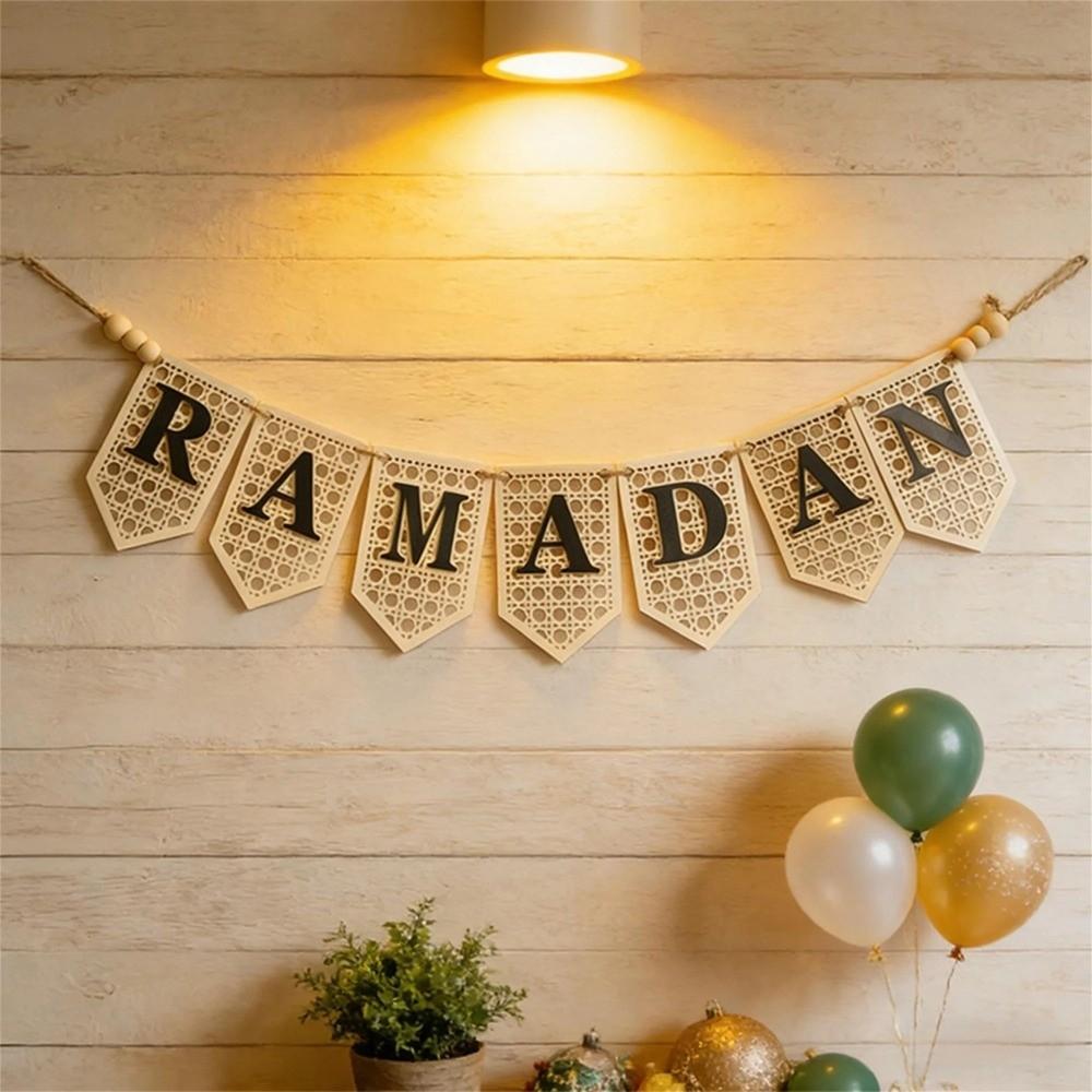 Hollowed Ramadan Decor Pendant Rustic Islamic Flag Garland Wooden Letter Banner  Islamic Festival