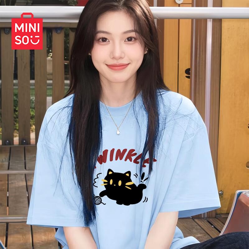 MINISO Women s Solid Color Loose Fit Round Neck Cotton T-Shirt 2XL светло-синий