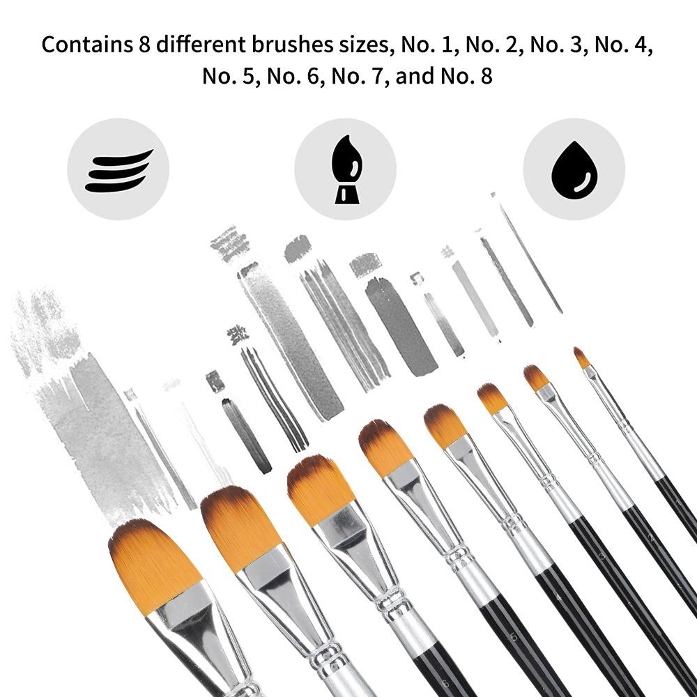 8PCS Wood Handle Paint Brush Set Round & Flat Tips Multi-Media Brushes Acrylic Painting