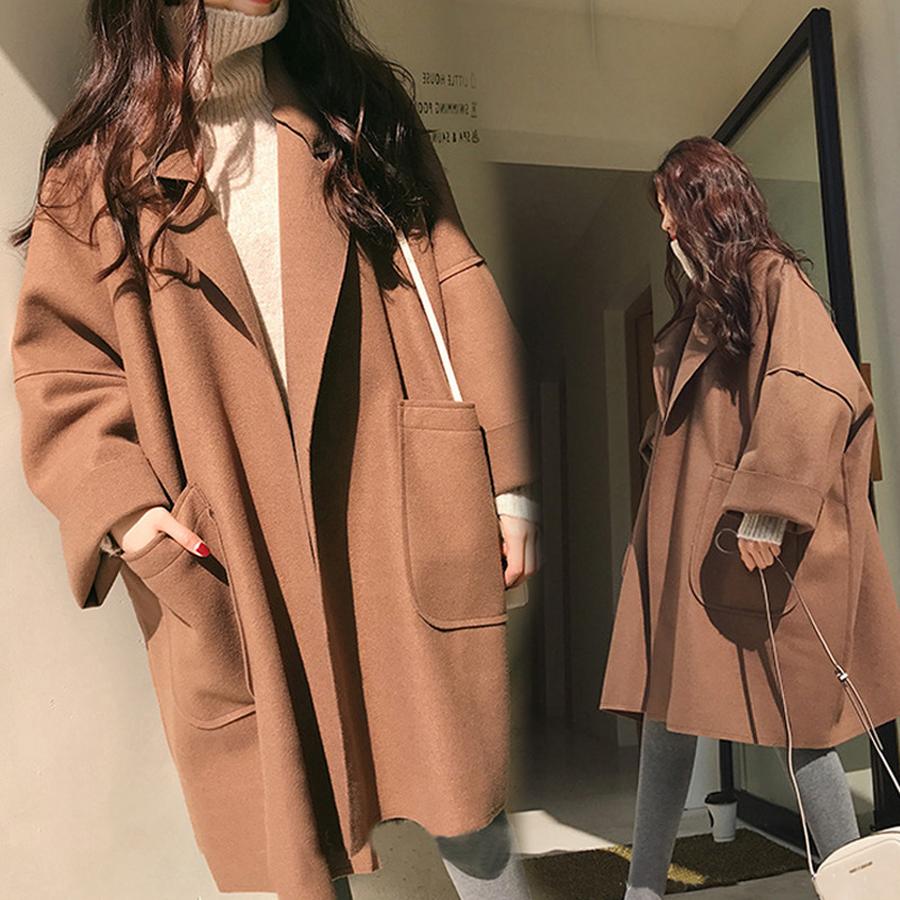 Plus Size Autumn Women's Korean Style Wool Coat Long Length Overcoat for Large Size (200 lbs) Loose Cape