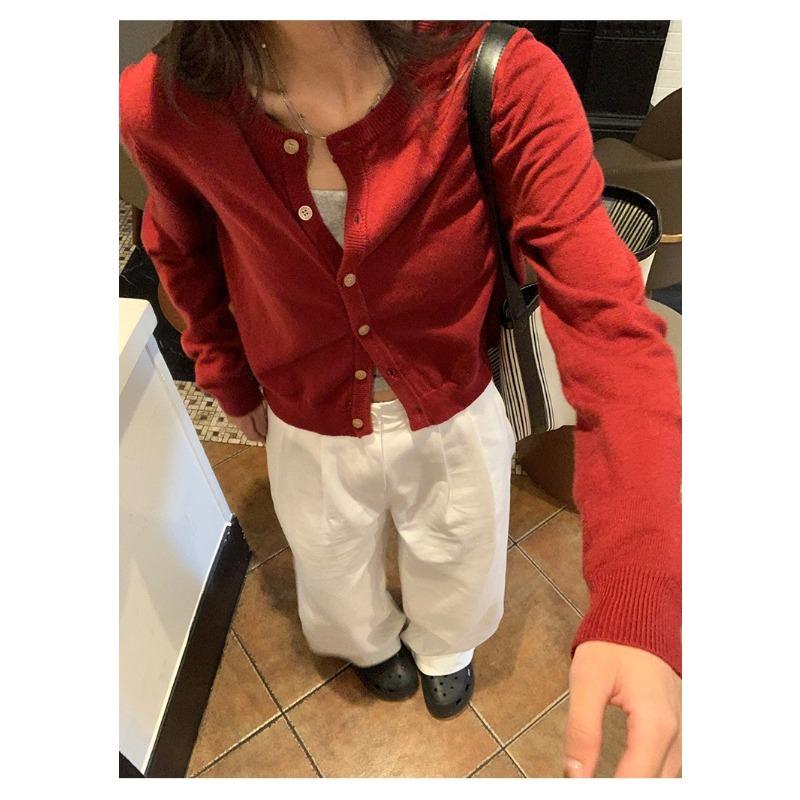 

Женский осенне-зимний однотонный вязаный кардиган с круглым вырезом на пуговицах one size fits all красный