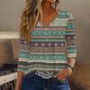Womens 3/4 Sleeve V Neck Button Detail Geometric Floral Print Tunic Top Casual Lightweight Blouse