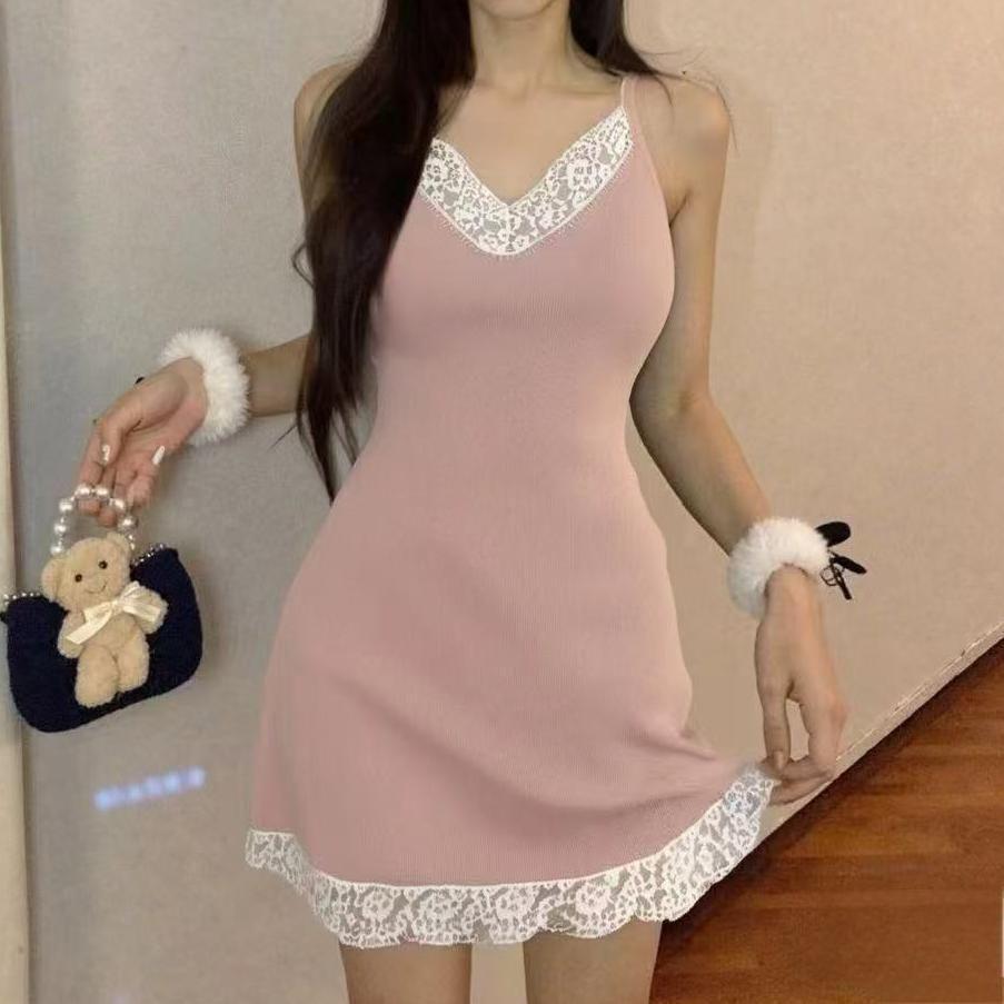 Lace Splicing Sexy Suspender Dress Women's Summer Black Slim-fitting Bottom Skirt Pure Waist and Hip Skirt