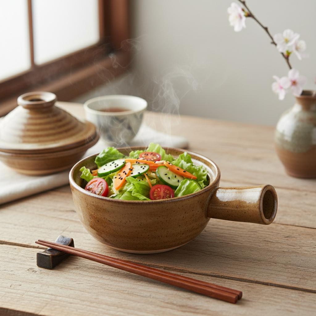 Ceramic Side Handle Bowl With Lid Heat Resistant Japanese Style Retro Design For Salad Fruit Serving