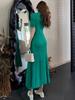 Pleated Fishtail Green Polo Dress: Women's Retro Summer Knit with Slit Design