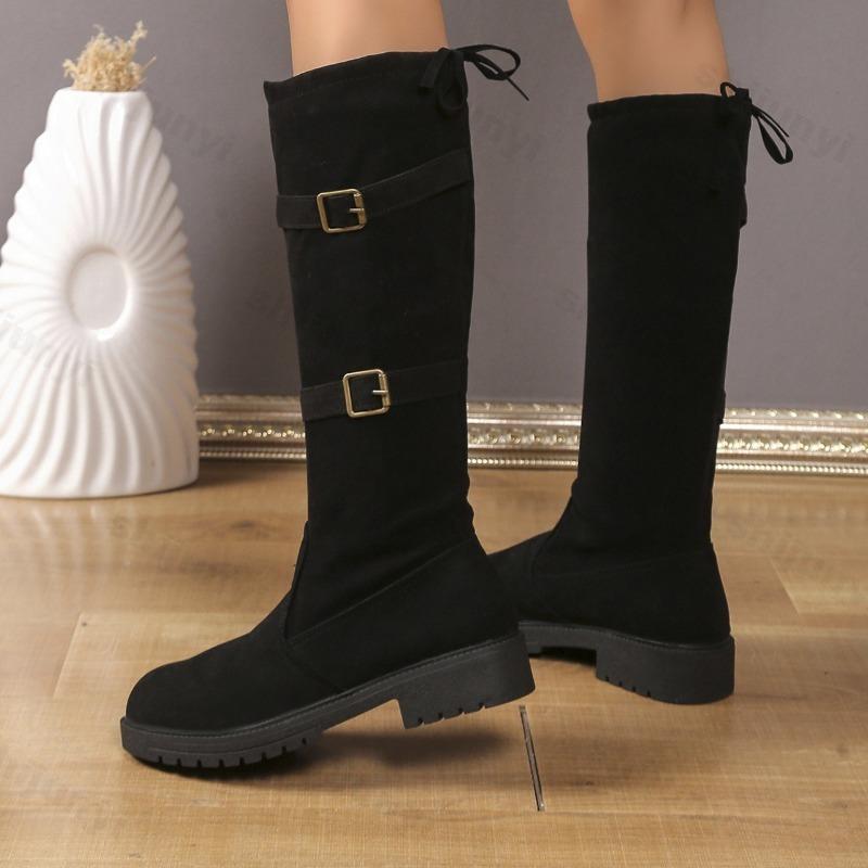 Fashion 2025 Autumn Fashion Metal Buckle Decoration Knee Boots Women Sexy Solid Black Slip on Boots Lace Up Bowknot Medium Heel Booties