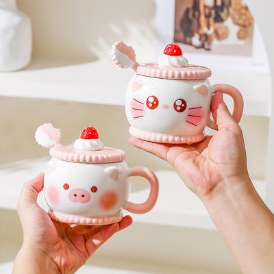 Kreative Niedliche Cartoon Keramiktasse Rosa Mädchenherz Geschenk Tasse Wasserbecher mit Deckel Löffel Schwein Katze Tasse