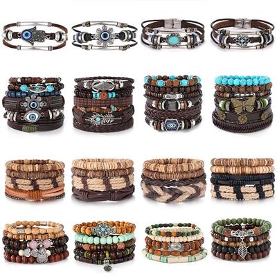 Set di Braccialetti in Pelle con Guscio di Cocco Multi-strato e Perline a Forma di Farfalla per Uomo