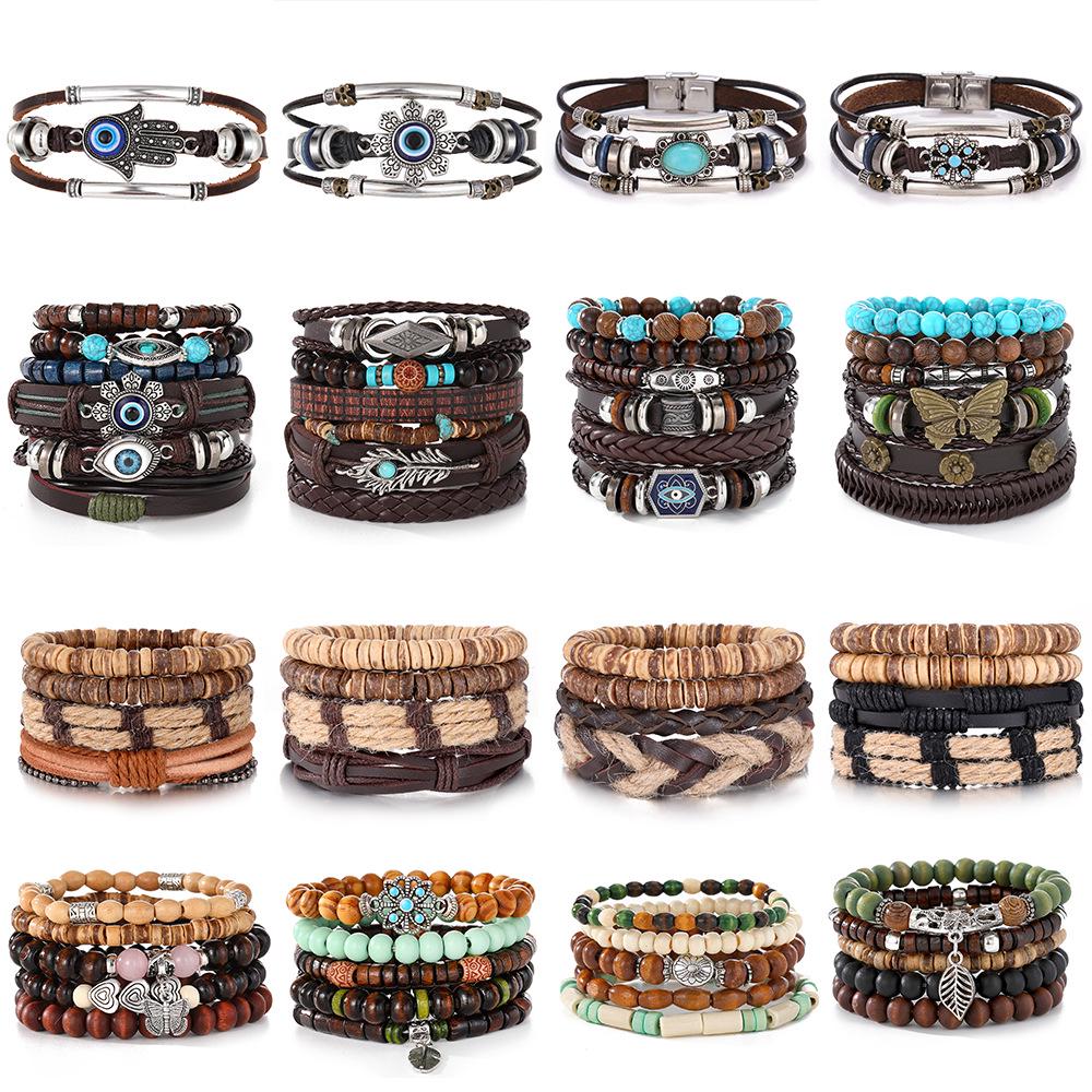 Boho Multi-Layer Kokosnussschale & Perlen Schmetterling Leder Armband Set für Männer