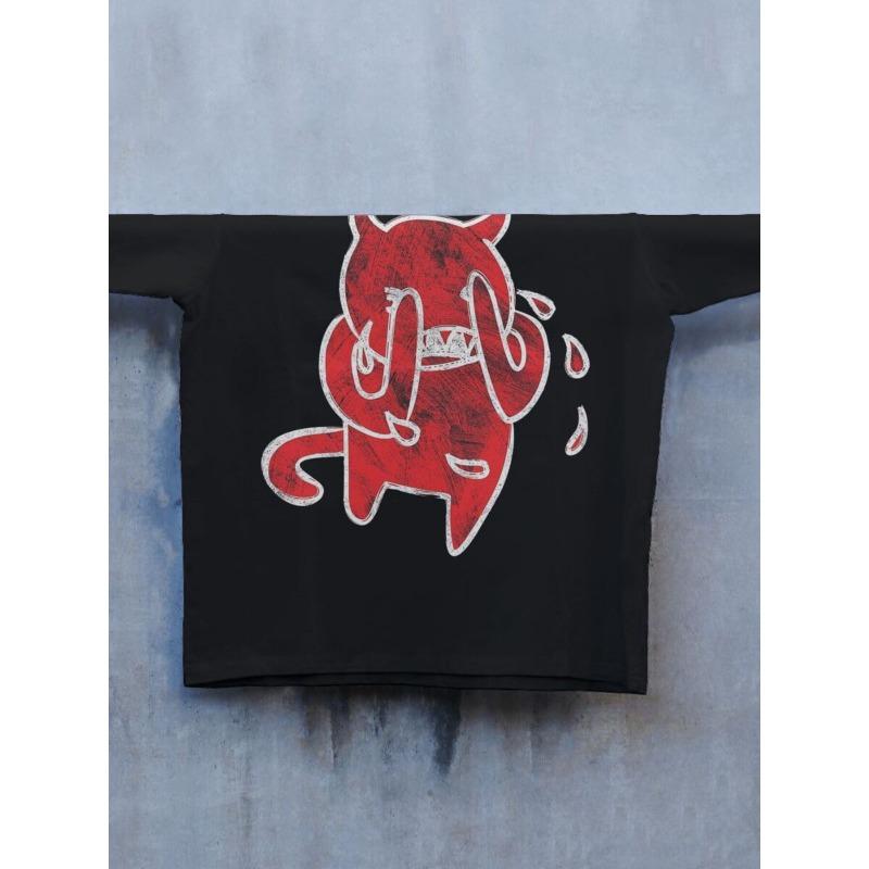 Europäische Größen Herren Lockeres Grafik-T-Shirt - Kräftiger Roter Teufel und Flammen-Print Street Style Kurzarm Rundhals Freizeit-Shirt