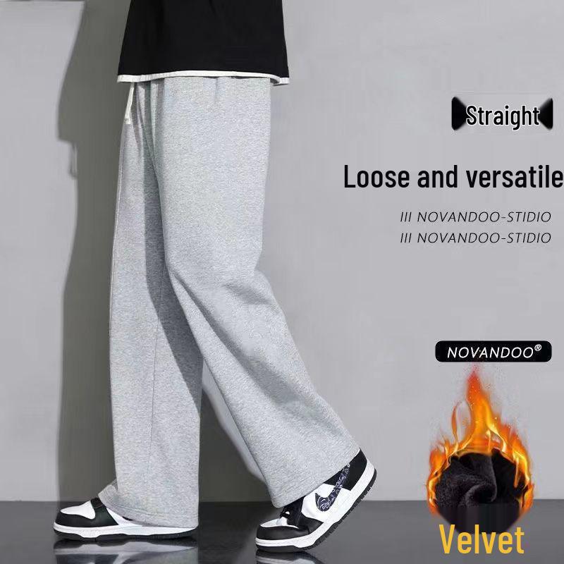 Korean-Style Plus Size Fleece-Lined Sweatpants for Students - Loose, Straight-Leg Casual Pants for Autumn/Winter.
