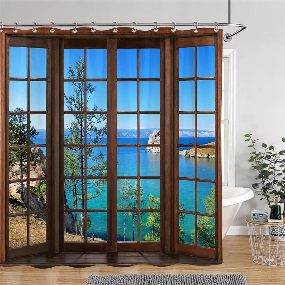 Sonnenschein Grün Wald Braun Fenster Duschvorhänge Bäume Pflanzen Natur Landschaft Polyester Badezimmer Vorhang Set Dekor Mit Haken