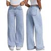 High-waisted Wide-leg Loose Stretch Straight Jeans for Women, Summer Style Loose Fit High-waisted Jeans Light Blue Cotton Casual Denim Pants