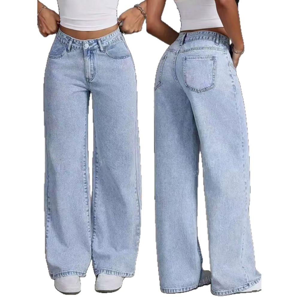 High-waisted Wide-leg Loose Stretch Straight Jeans for Women, Summer Style Loose Fit High-waisted Jeans Light Blue Cotton Casual Denim Pants
