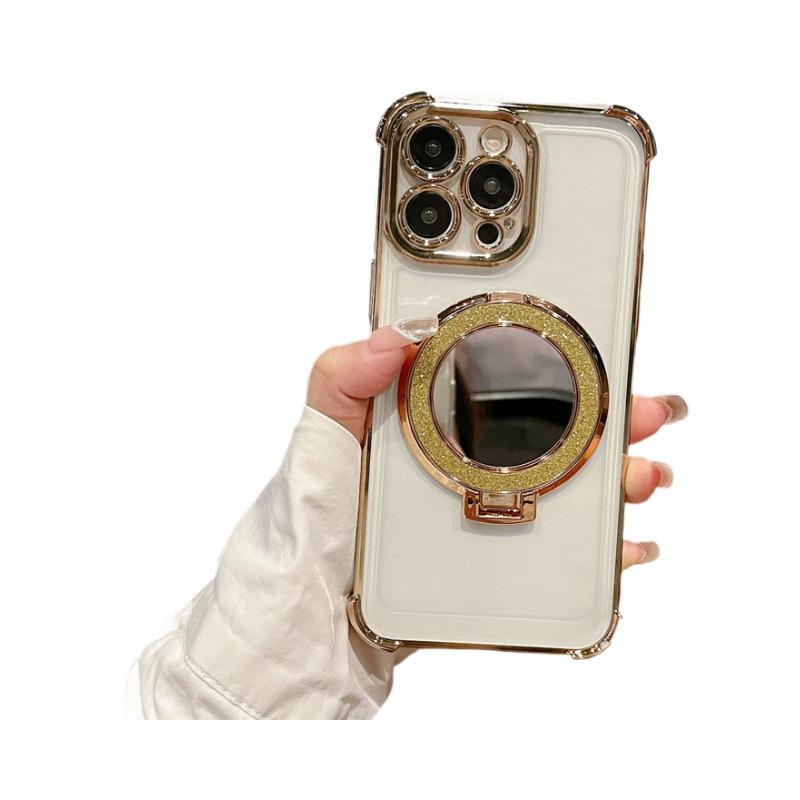 Four Corner Plating Is Suitable for Apple 16PRO Flash Powder Mirror Mobile Phone Case Iphone12/11 Ring Support Protective Cover