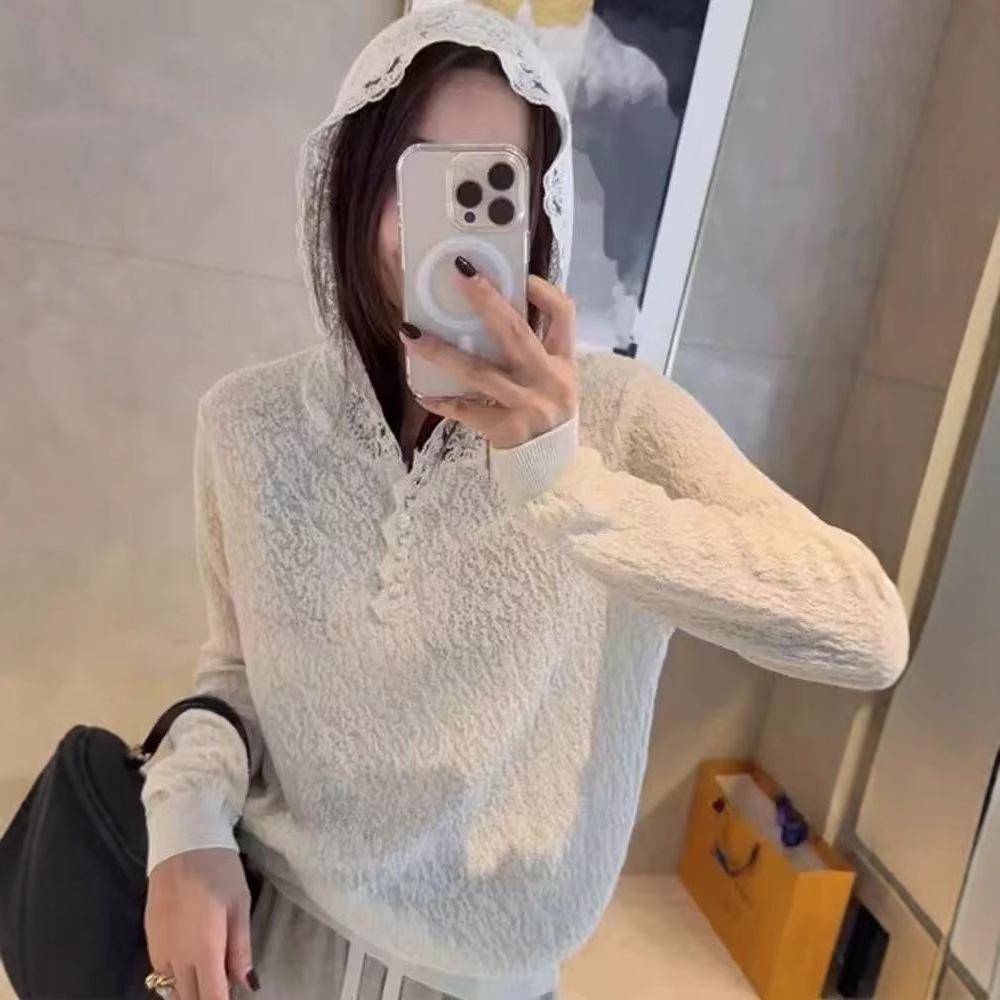Crochet Long-sleeved Hooded Lace Knitted Sweater for Women, Spring and Summer Bottoming Shirt, Retro Knitted Pullover for Women
