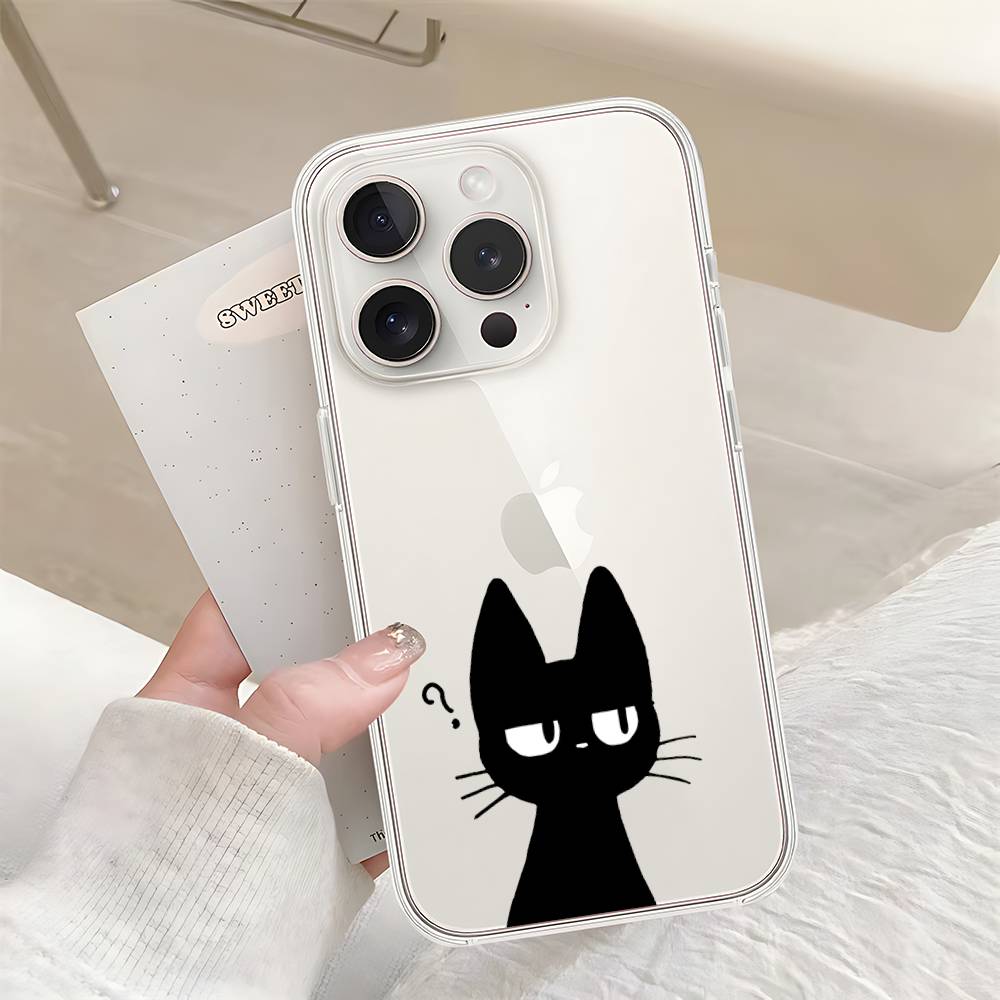 B-Black Cat Phone Case For Iphone17 16 15 11 13 14 Pro Max 7 8 Plus X Xr Xs Max Se2020 12mini Transparent Cov