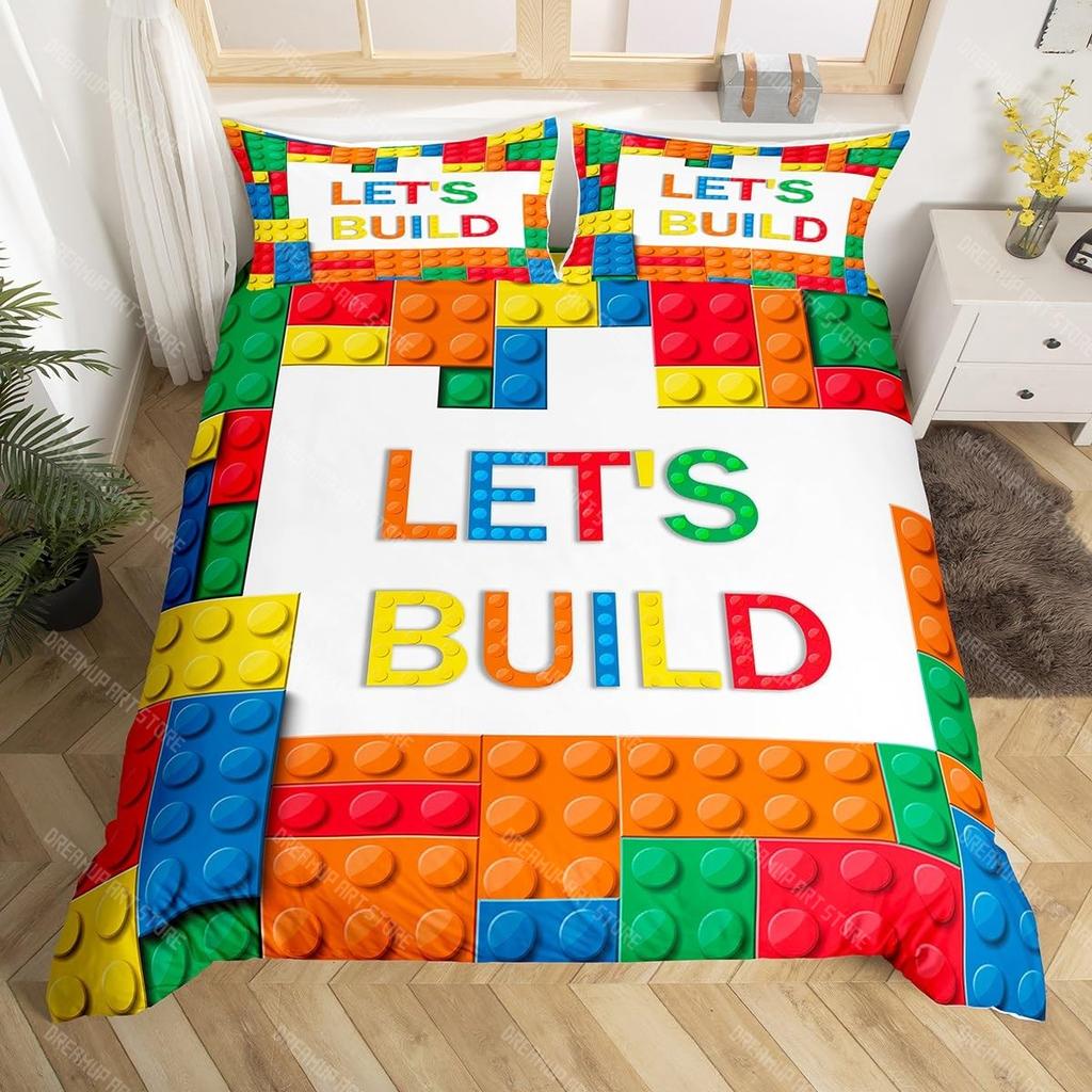 3D Building Block Pattern Duvet Cover Set Boys Girls Bedroom Fun Brick Printing Bedding Set Geometric Rectangle Comforter Cover