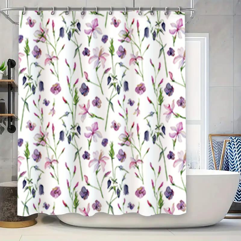 Floral Print Shower Curtain Watercolor Flowers Pink Purple White Bath Decor Home Decoration