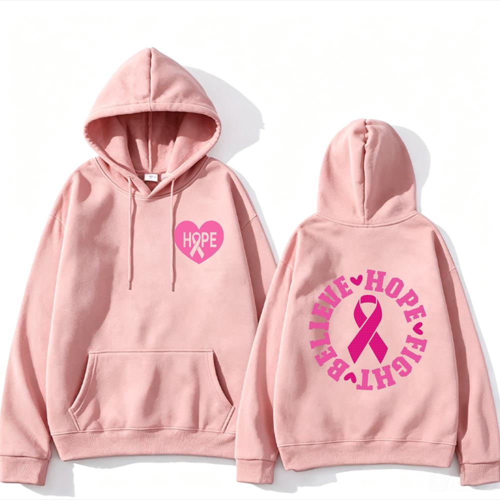 Believe Hope Fight Breast Cancer Awareness Hoodie Pink Ribbon Heart Letter Graphic Front Back Print Cancer Warrior Hooded Tops