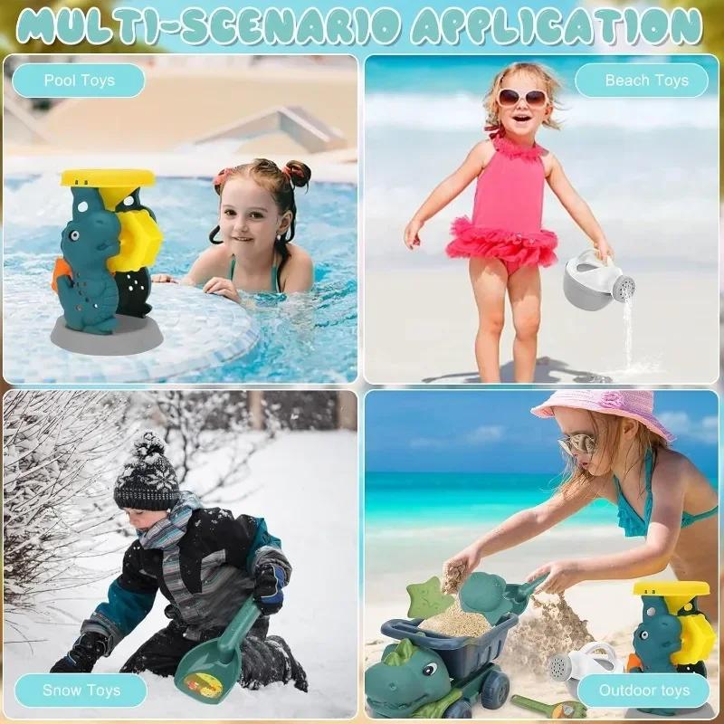 Beach Toy Car & Shovel Set -Dinosaur Themed Sand Toys with Hourglass Dredger Fun Beach Activity Kit for Ages 3-8 Kids Sand Scoop