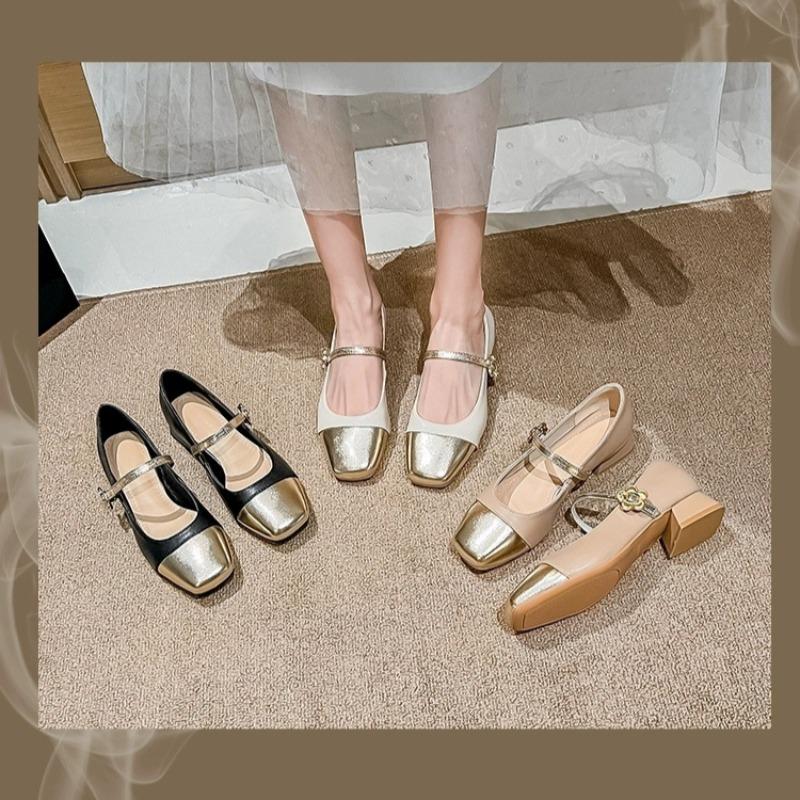 Luxury Branded Women Mary Jane Shoes Square Toe Chunky 3CM High Heels Pumps Light Shallow Buckle Strap Casual Flats Shoes Spring