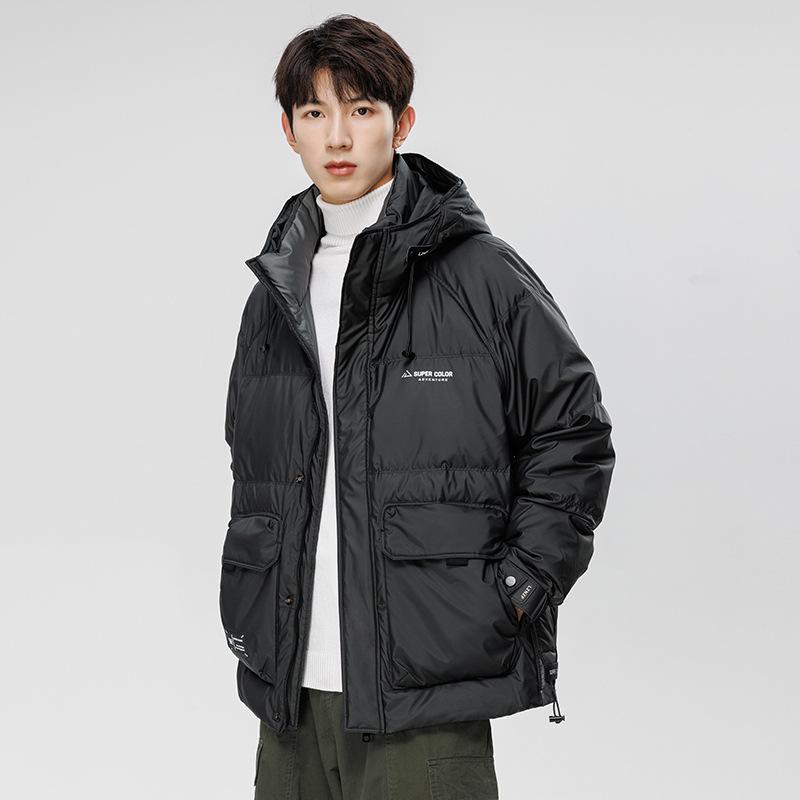 

Новый пуховик мужской короткий куртка с капюшоном зимний модный бренд однотонный пух белой утки теплый глянцевый теплое пальто M чёрный