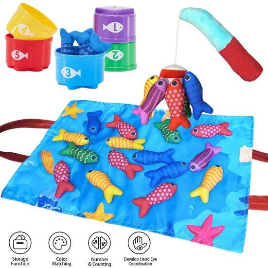 Montessori Fishing Toy for Toddlers Soft Fabric Play Mat with Fish & Stacking Buckets Early Learning Educational Game for Babies 1-3 Years Old