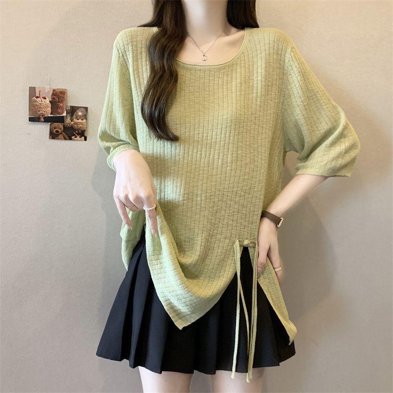 Large size fat mm pit strip irregular split short-sleeved t-shirt women's summer new loose meat cover versatile age-reducing top