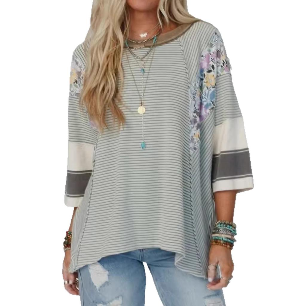 Fall New Style Women's Multi-color Printed Top - Casual and Loose Fit, Three-quarter Length Sleeves T-shirt
