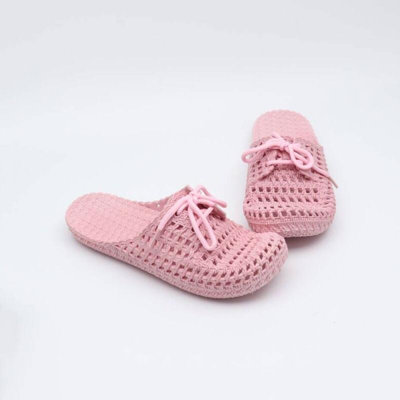 Summer indoor slippers with lace-up instep decoration beige