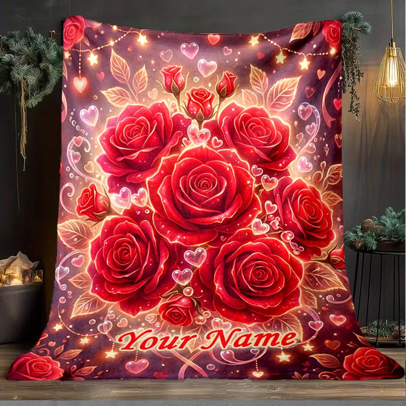 1PC Custom Name Roses Hearts Background flannel blanket versatile,all-season throw suitable for the living room,bedroom,camping,travel,and gift