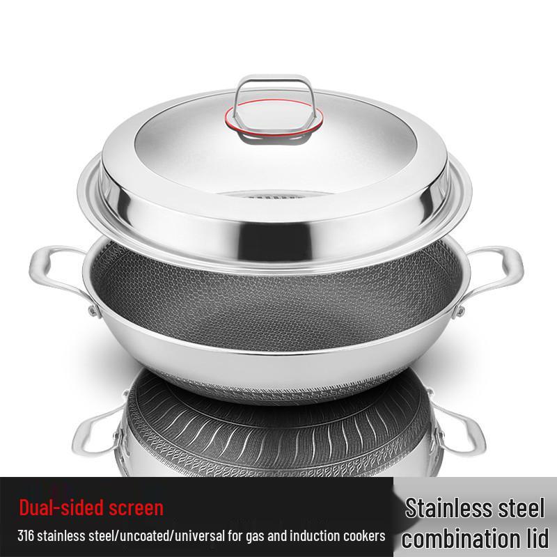 ZISIZ 34cm Stainless Steel Non-Stick Wok with Lid