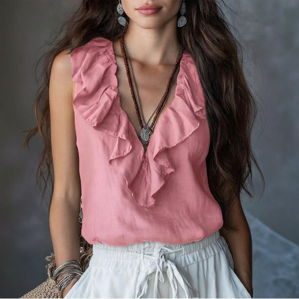 Blusa sin mangas para mujer con volantes en V, lisa, casual, corte holgado, top ligero, jersey para uso diario en la oficina