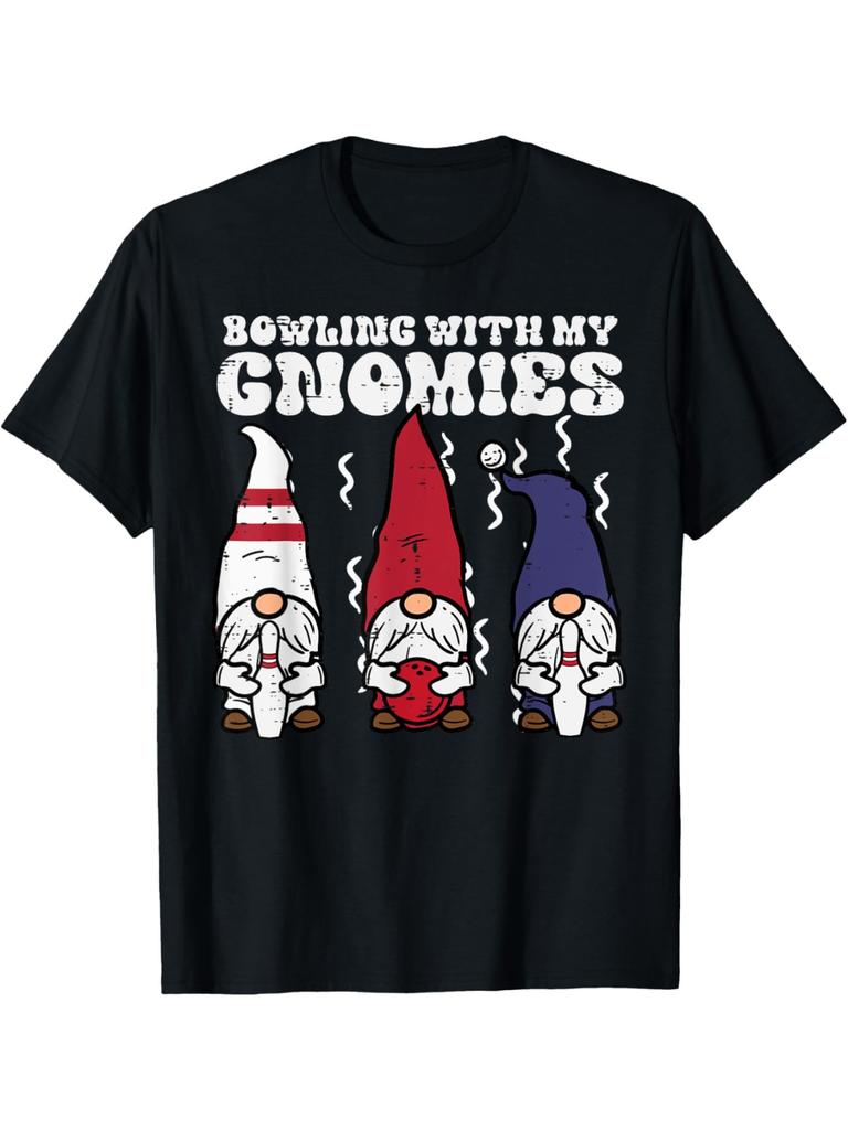 Bowling With My Gnomies Funny Gnome Graphic Tee Shirt Casual Cotton Crewneck T-Shirt for Bowling Parties